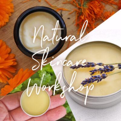 Three natural skincare products in a mosaic design.